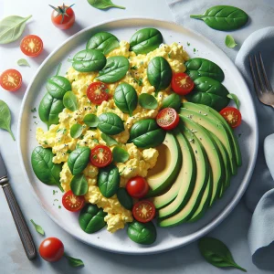 Huevos revueltos keto con espinacas frescas