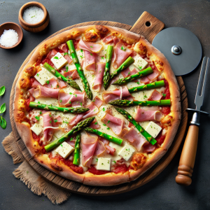 Pizza de espárragos y jamón keto, crujiente y deliciosa