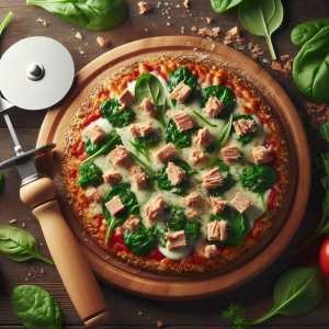 Pizza de atún y espinacas keto, crujiente y deliciosa