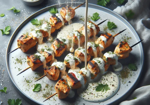 Brochetas de pollo con salsa de yogur keto, jugosas y saludables
