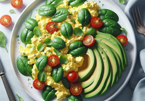 Huevos revueltos keto con espinacas frescas