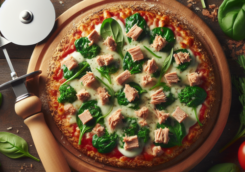 Pizza de atún y espinacas keto, crujiente y deliciosa