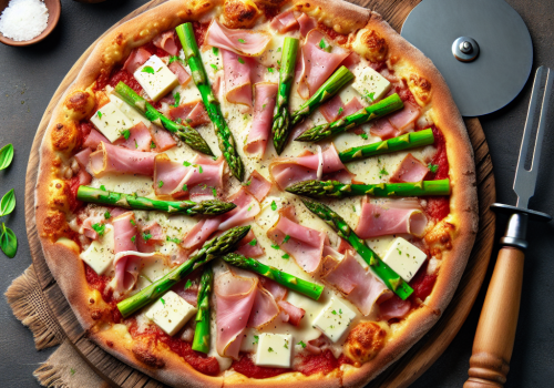 Pizza de espárragos y jamón keto, crujiente y deliciosa