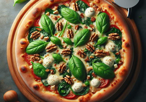 Pizza de nuez y espinacas keto, crujiente y deliciosa
