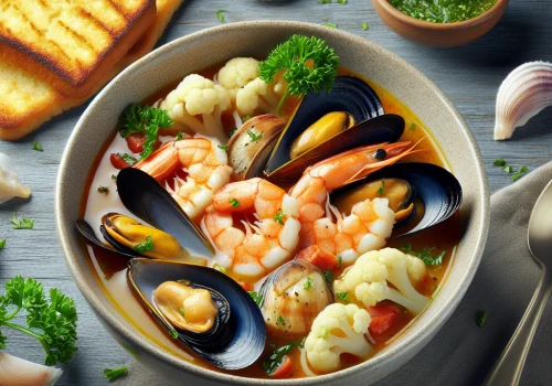 Sopa de mariscos y coliflor keto, deliciosa y baja en carbohidratos